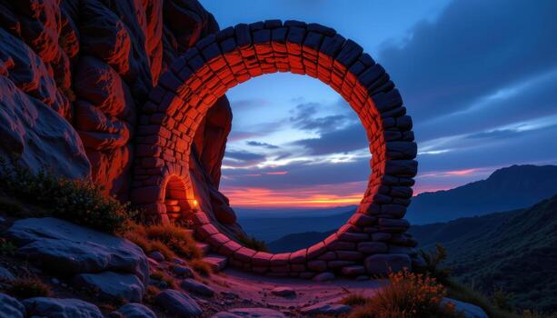 a circular stone archway built into the side of a cliff, leading into a glowing cave beneath a twilight sky. photo