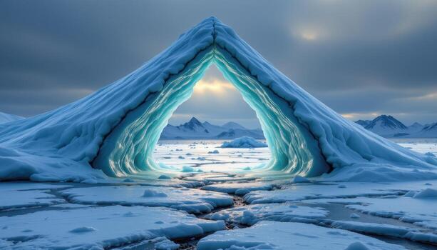 a jagged ice arch protruding from a frozen sea with cracks forming beneath it. photo