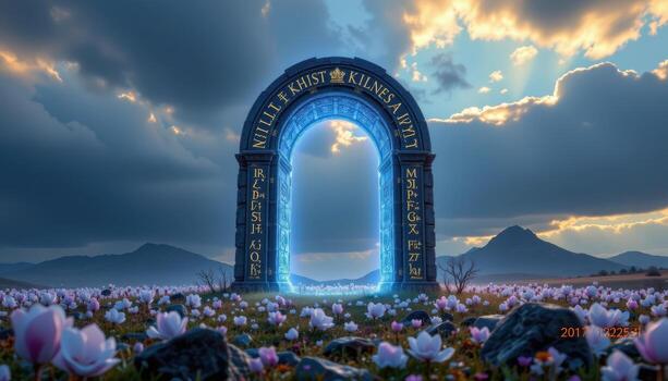 a glowing rune inscribed arch standing at the edge of a crystal field beneath a dark sky. photo