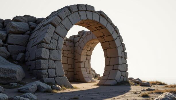 a circular stone arch casting a perfect shadow on the ground beneath a pale sky. photo