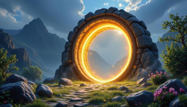 a glowing portal like arch with floating stones hovering nearby in a magical glade. photo