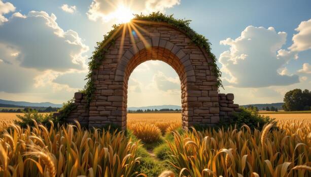 a sun drenched archway standing in a field of golden wheat swaying in the wind. photo