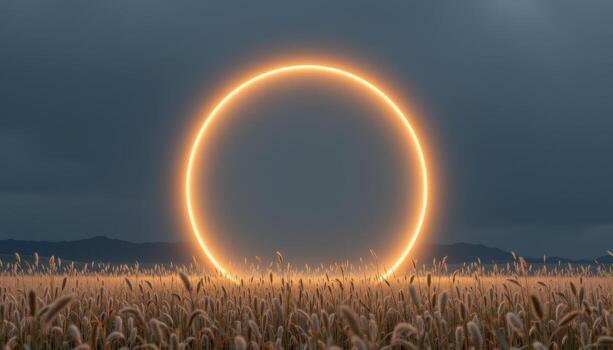 a circular arch shaped like a full moon, glowing faintly in a field of tall grass. photo