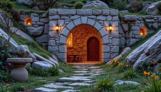 a stone arch built into the hillside, glowing faintly with warm internal light. photo