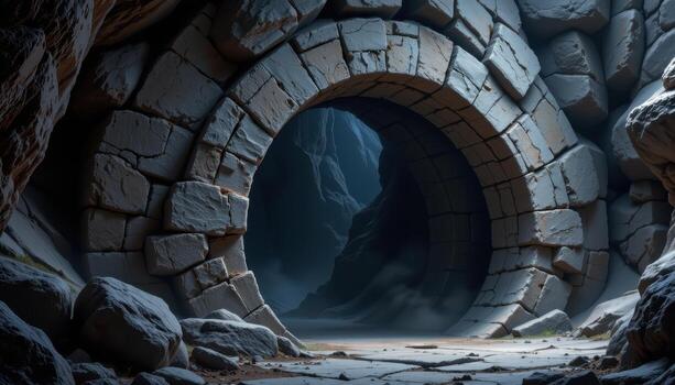 a stone arch embedded with crystals, shining faintly in the gloom of an underground chamber. photo