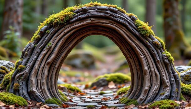 a carved arch made from layered wood, now softened by moss and time. photo