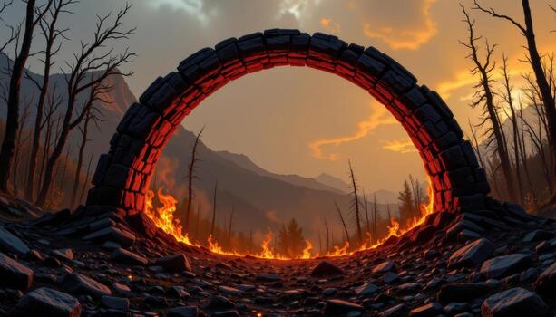 un quemado y roto arco creciente desde el despojos mortales de un carbonizado arboleda. foto