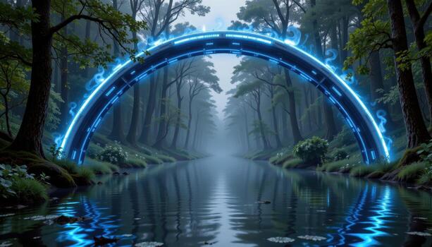 a futuristic metallic arch glowing with blue lines, half submerged in a flooded forest. photo