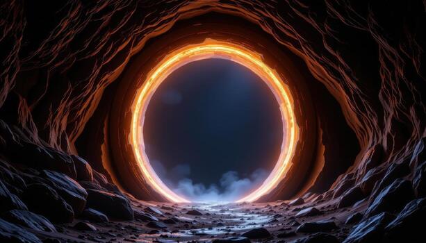 a glowing portal shaped arch built from translucent stone, shimmering softly in a shadowy cave. photo