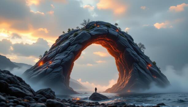 a floating arch formed by hovering stones glowing faintly with mystical energy. photo