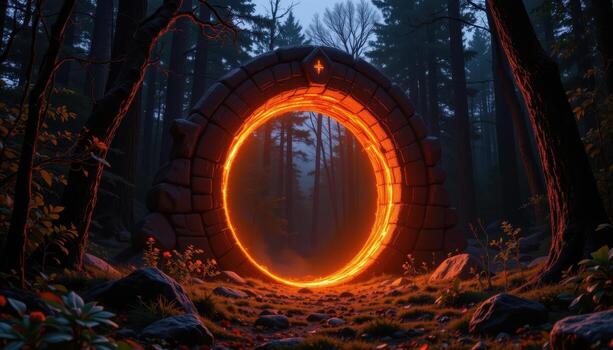 a glowing arch of runed stone at the heart of a dark forest clearing. photo