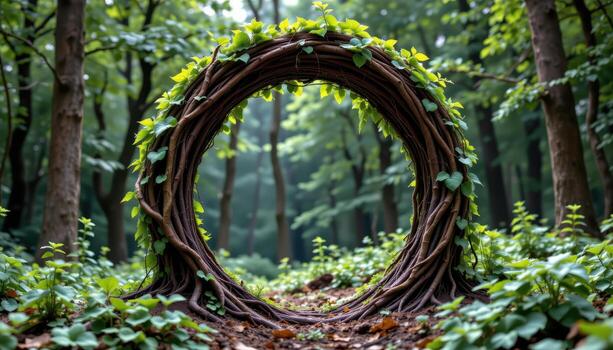 a spiral arch made of vines and intertwined branches, rising naturally from the forest floor like a forgotten gateway. photo