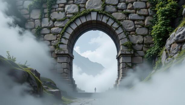 a heavy stone arch built into a wall of vines and fog in a forgotten mountain monastery. photo