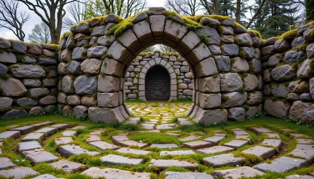a stone arch rising at the center of a stone labyrinth, moss growing between its cracks. photo