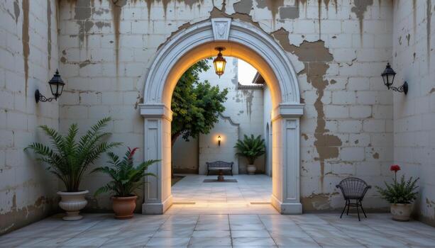 a smooth white marble archway glowing under soft lantern light, set into the wall of a quiet abandoned courtyard. photo