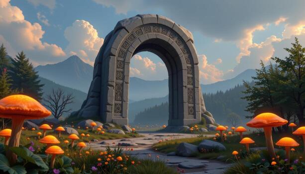 a tall stone arch with engraved patterns, standing in a clearing filled with glowing mushrooms. photo