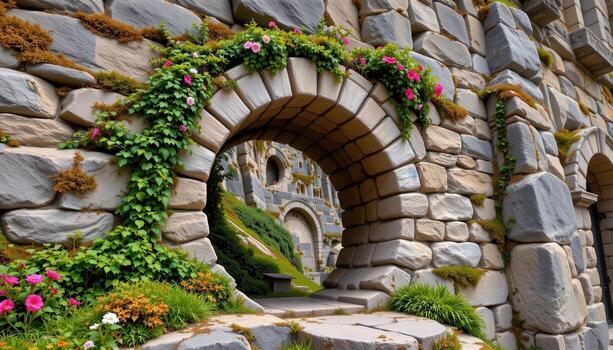 a stone arch pressed into the side of a cliff, covered in climbing plants and moss. photo