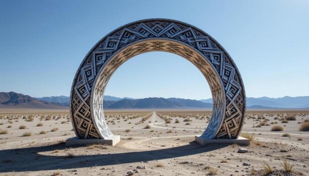 a silver archway with intricate geometric patterns, emerging from the center of a dry lakebed. photo