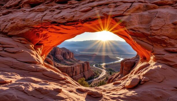 a red sandstone arch with wind eroded patterns, glowing under the warm afternoon sun. photo