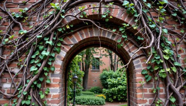 a brick and stone archway swallowed by tangled branches and creeping vines. photo