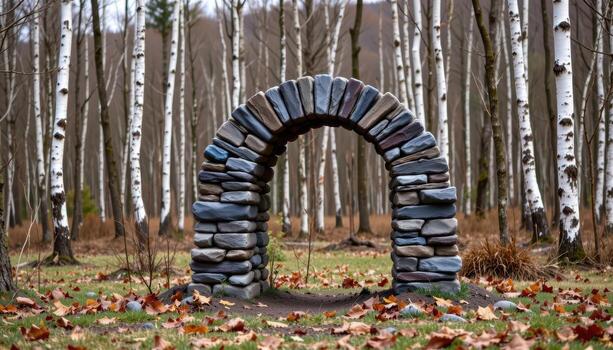 a simple arch made of stacked slate, standing in a quiet clearing surrounded by birch trees. photo