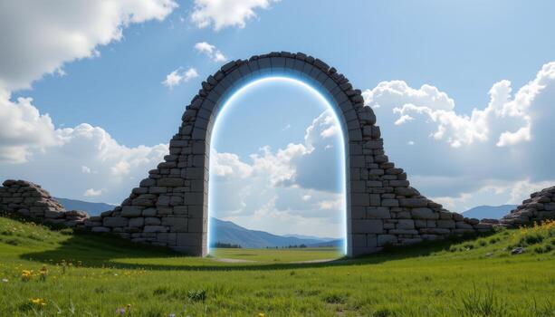 a suspended arch made of white light, hovering between two ruined pillars above a grassy field. photo