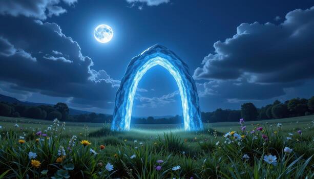 a glowing crystal arch appearing in the middle of a meadow under a moonlit sky. photo