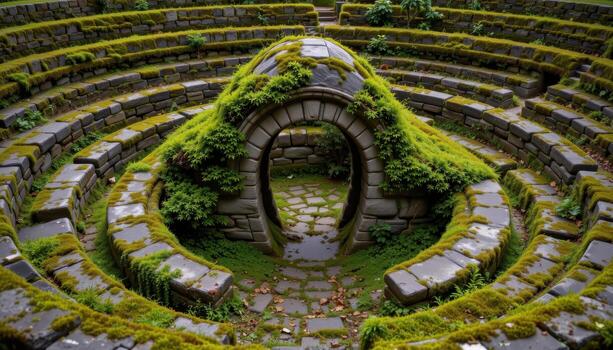 a dome topped archway in the center of a stone labyrinth choked with moss. photo