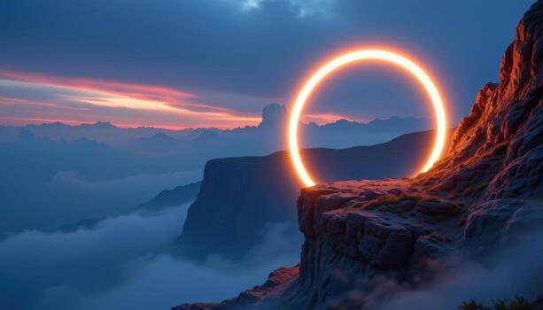 a floating ring shaped arch glowing softly with ambient light at the edge of a cliff. photo