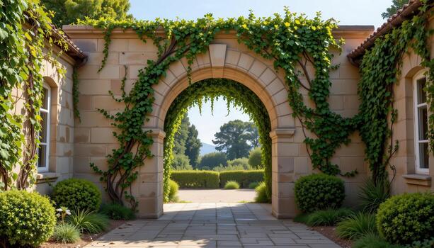 a wide open archway, filled with creeping vines and echoing with the sound of wind. photo
