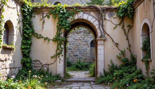 a weathered stone archway wrapped in ivy, standing alone in a forgotten courtyard surrounded by wild vegetation. photo