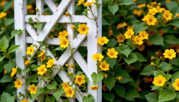 a white trellis structure surrounded by yellow nasturtiums and soft green leaves. photo