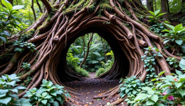 a forest arch made entirely of intertwined roots, overgrown and silent. photo