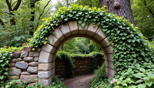 a stone arch so covered in vines it appears to be part of a tree trunk. photo