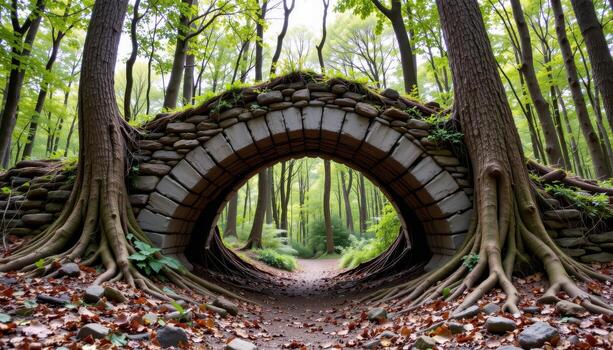 a stone arch grown through by tree roots, reclaimed entirely by the forest. photo