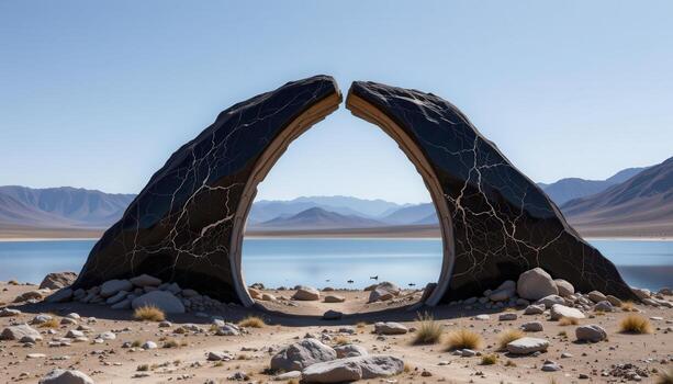 a broken arch made of polished obsidian, standing in the center of a dried up lake. photo