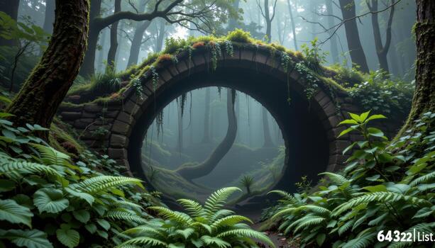 un bosque cubierto arco oscurecido por niebla y descuidado helechos foto