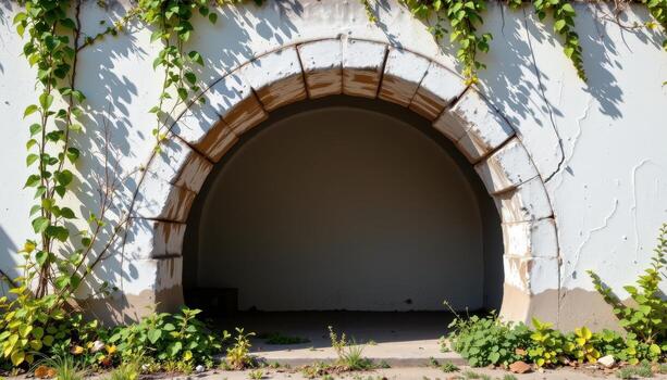a geometric arch of white concrete, partially broken and surrounded by creeping weeds. photo