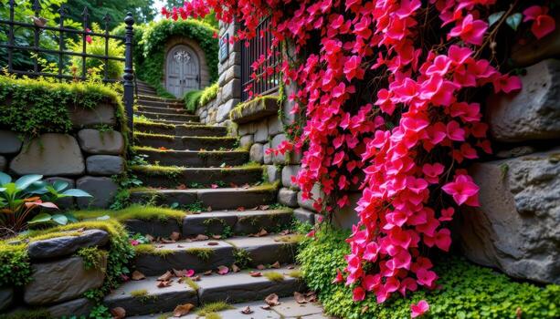 coral vines creeping up a trellis next to crumbling stone steps lost in moss. photo