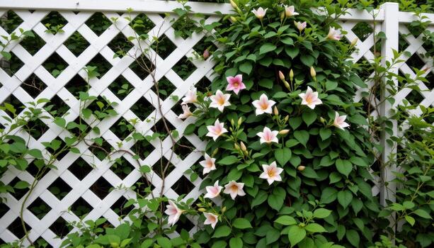 a diamond patterned white trellis covered in climbing lilies and thick greenery. photo