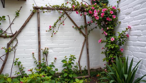 a quiet corner framed by a broken trellis overtaken by jasmine and moss. photo