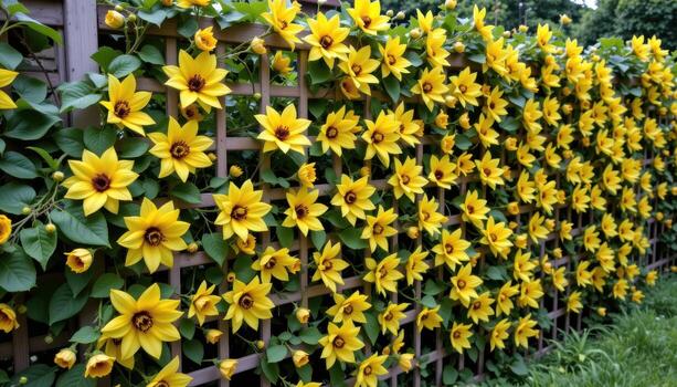 a grid pattern trellis fence transformed by yellow passionflower blooms. photo