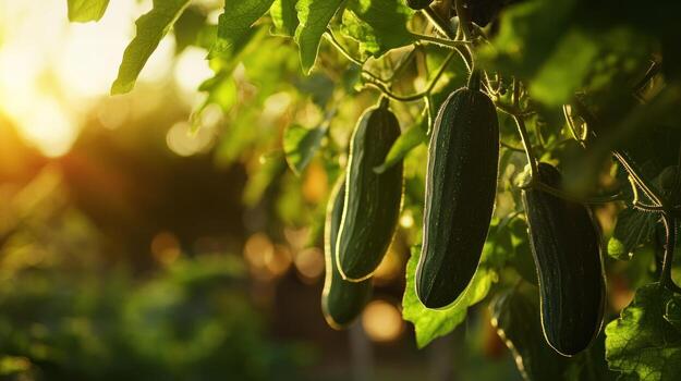 Cucumbers hanging from vine in sunlight photo