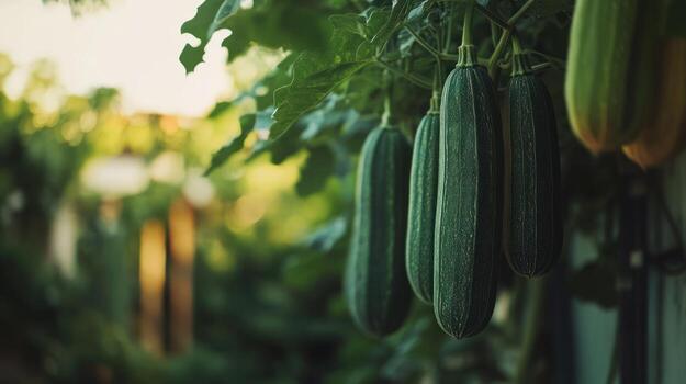 Hanging zucchini in a garden setting photo
