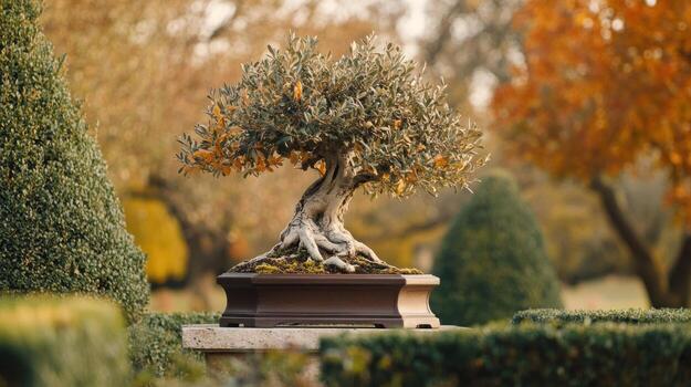 Autumnal bonsai in a garden setting photo