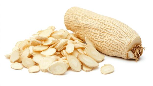 Dried ginseng root slices and whole root photo