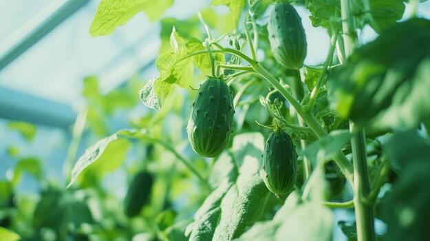 Fresh cucumbers growing in a greenhouse photo