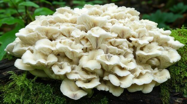 Clustered, off-white mushrooms on mossy log photo