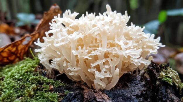 Close-up of a cluster of delicate, off-white fungi on a mossy log photo