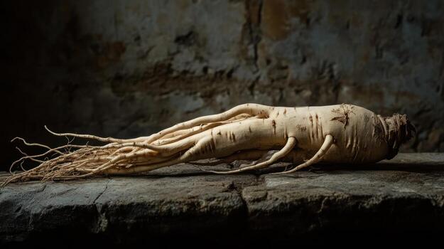 Large Ginseng root on rustic surface photo